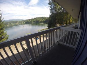 Balcony and lake view from in Room 7 at Jasper Way Inn lodging in Clearwater, BC
