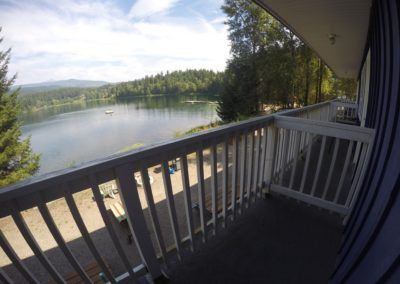 Balcony and lake view from in Room 7 at Jasper Way Inn lodging in Clearwater, BC